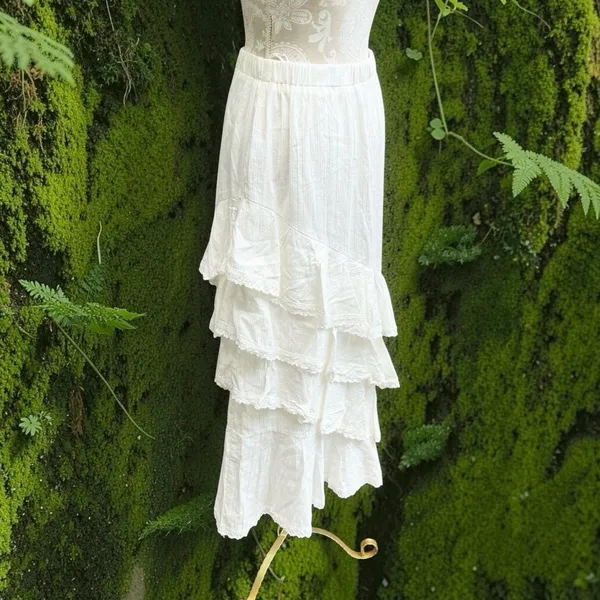 Mable Mischa Crochet Lace White Tired Ruffle Maxi Skirt Coastal Cowgirl Boho M - Image 9
