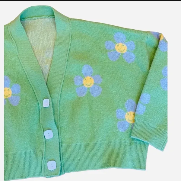 Cropped Smile Flower Vneck Cardigan Sweater Green Blue Yellow Relax Fit M - Image 4
