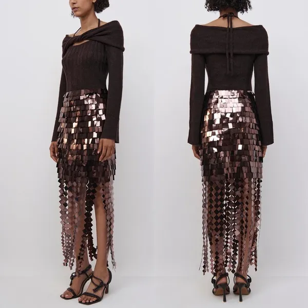 New JONATHAN SIMKHAI Lucee Paillette-Embellished High-Waisted Skirt in Chocolate - Image 4