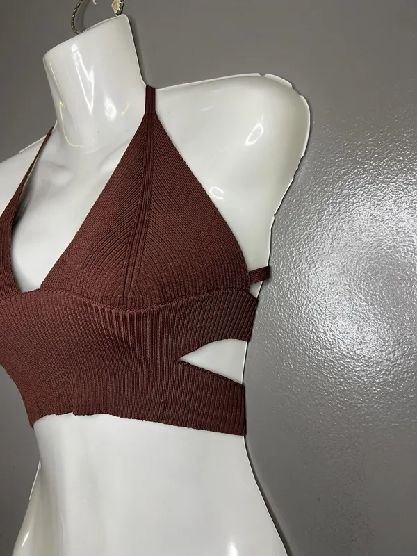 Intimately Free People Bralette Bra Womens Small Brown Ribbed Halter Tie Back - Image 3