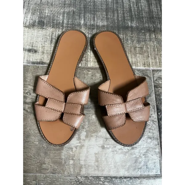 Arezzo Tan Leather‎ Slide Sandals 36 / 6 H-Strap Made in Brazil Minimalist Boho - Image 7