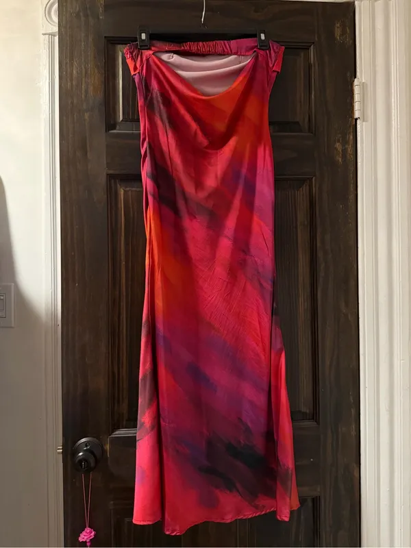 SheIn Strapless Satin Midi Dress in Pink, Orange, Purple - Image 3