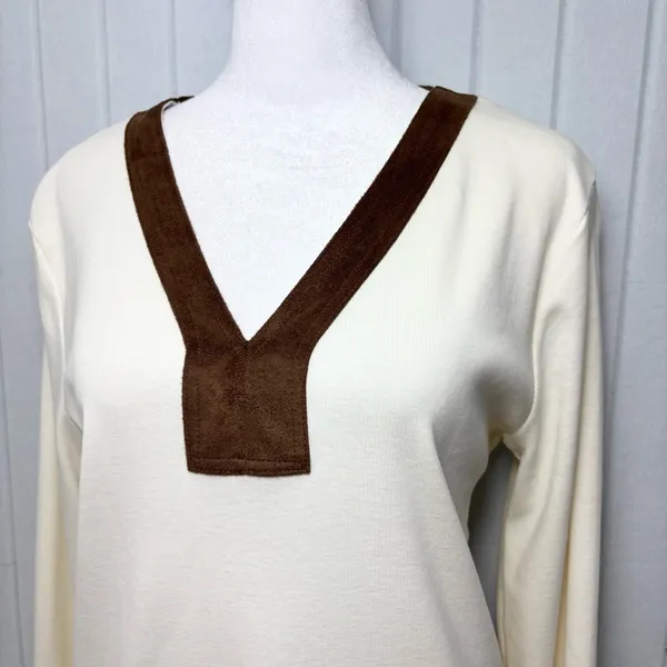 Ralph Lauren V neck Cream and Brown Cotton Long‎ Sleeve Top Size L - Image 2