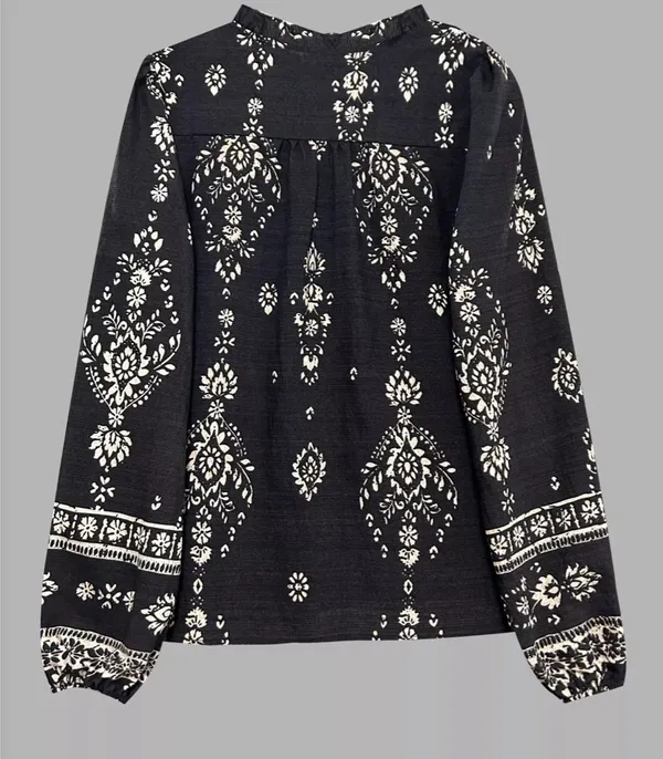 Atzbranding Boho Floral Long Sleeve Blouse Black - Image 3