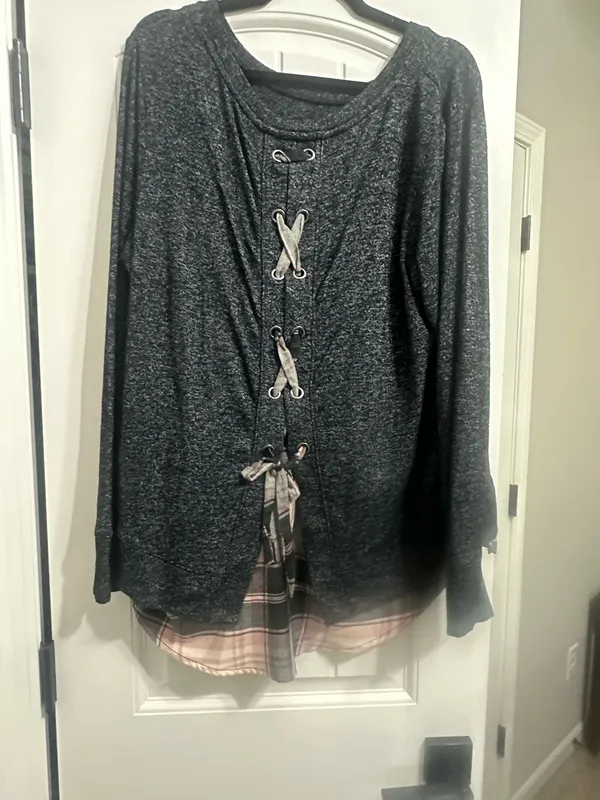 Gray Sweater with pink plaid detail  - Image 2