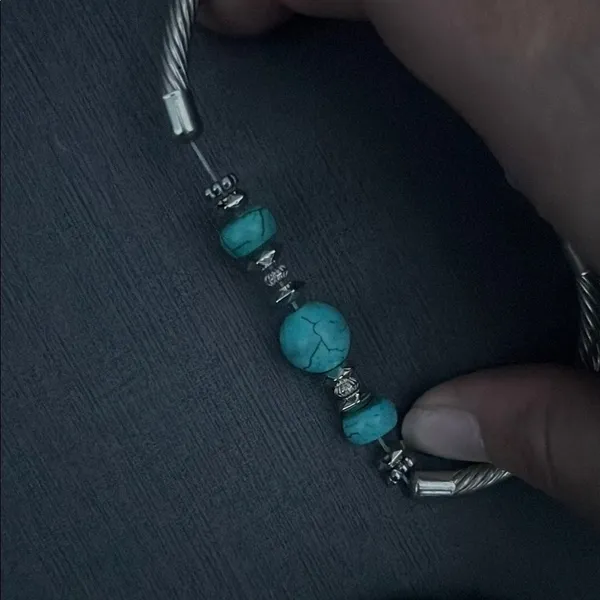 Set of 2 Silver & Turquoise Beaded Bracelets Boho Western Southwestern Jewelry - Image 5
