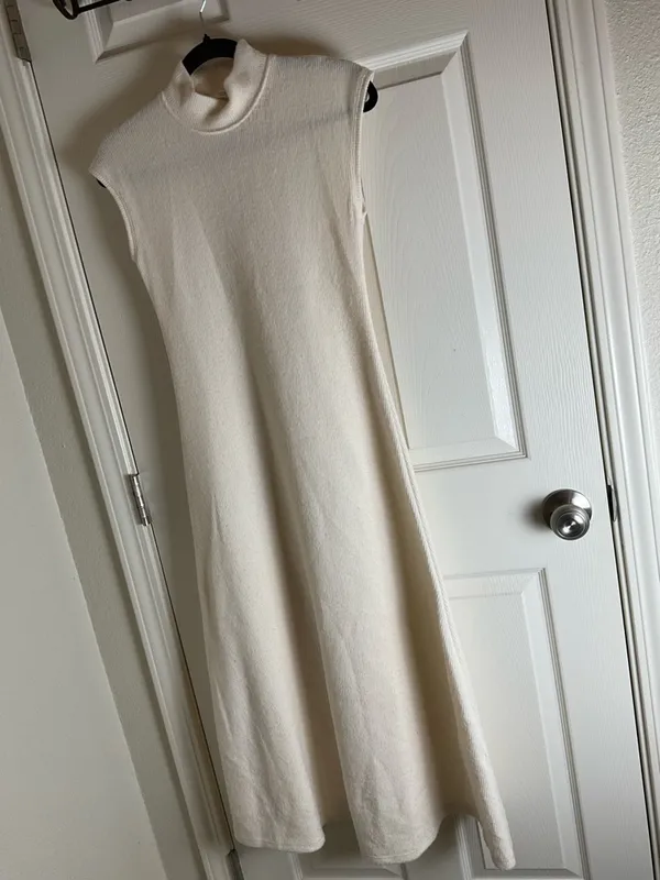 Zara Cream Ribbed Knit High Neck Sleeveless Midi Dress - Size Small - Image 2