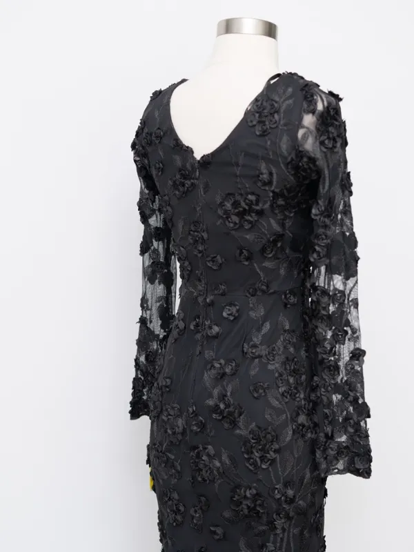 AQUA Formal - Black 3D‎ Floral Appliqué Sheer Sleeve Midi Dress - Image 11