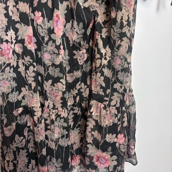 LC Lauren Conrad Black Pink Floral Cottage Romantic Smocked Bodice Midi Dress - Image 5