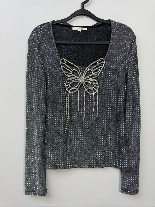 Pastel Rhinestone Butterfly Glitter Long Sleeve Evening Top size L - Image 3