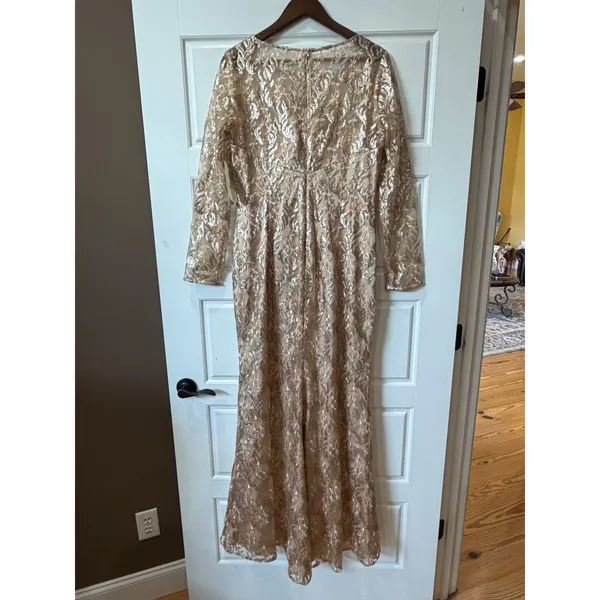 Eliza J Champagne Sequin Lace Long Sleeve Formal Gown Size 14 Evening - Image 8