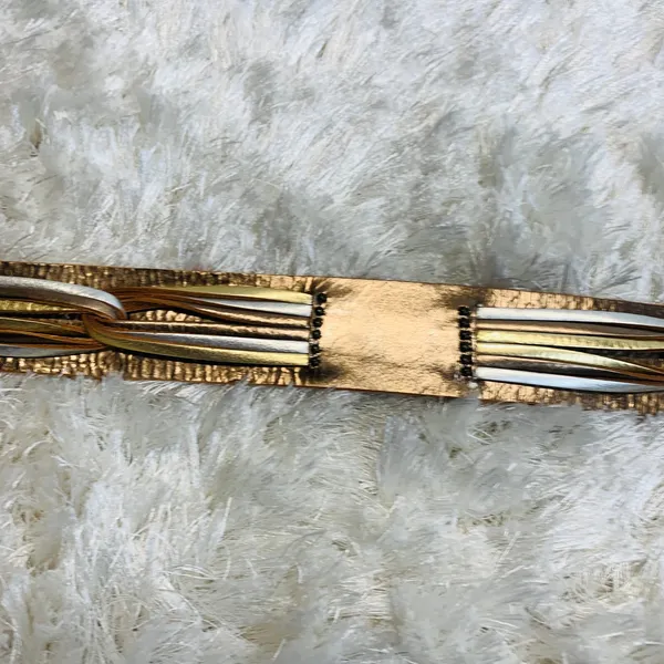 Fossil Gold Silver Wide Leather Belt Sz Medium - Image 9