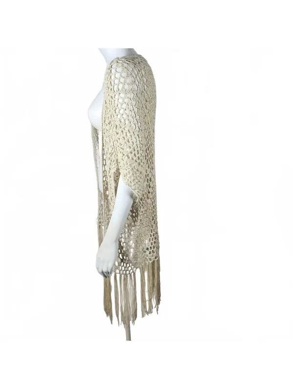 POL Beige Crochet Open Front Cardigan with Fringe Detail, Size Large - Image 3
