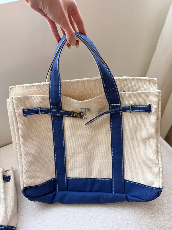 Boatkin Large & Mini Canvas Boat Tote Bag Navy Blue with Silver Belted closure - Image 5