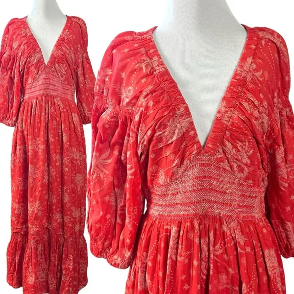 Free People Golden Hour Maxi Dress Cherry Red Small Bohemian Gypsy Floral 70s - Image 8