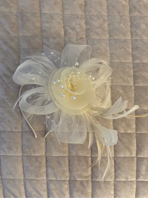 Ivory Floral Feather Fascinator Headpiece - Women Accessories Beige - Image 4