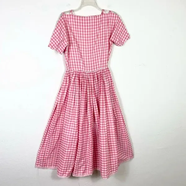 Vintage Pink & White Plaid Lattice Sleeve A Line Midi Dress Size S - Image 5