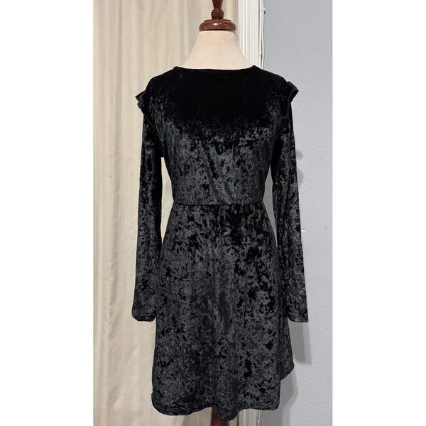 Mossimo Supply Black Velvet Crushed Long Sleeve Ruffle Trim Whimsigoth Dress L‎ - Image 4