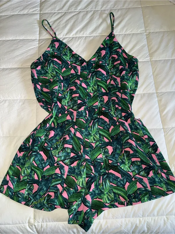 Topshop Pink Playsuit with Green Tropical Leaf Print - Image 4