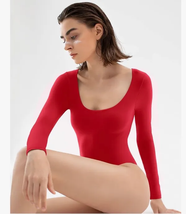 PUMIEY Women's Scoop Neck Long Sleeve Bodysuit Body-hugging Sexy Tops Smoke Cloud Collection - Image 5