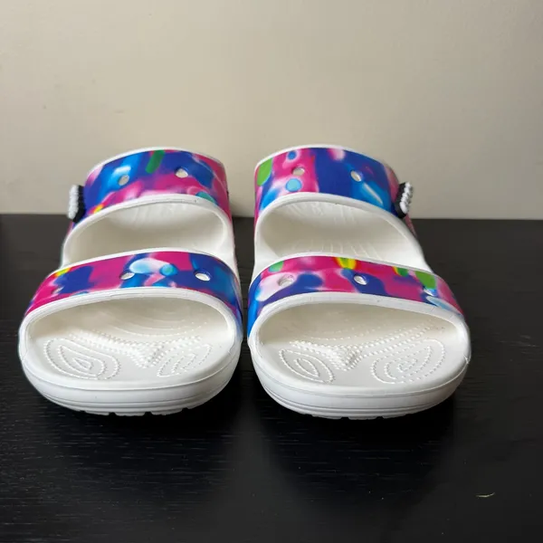 Crocs Classic Tie Dye Sandals White Multi Color Double Strap Slides Womens 11 - Image 2