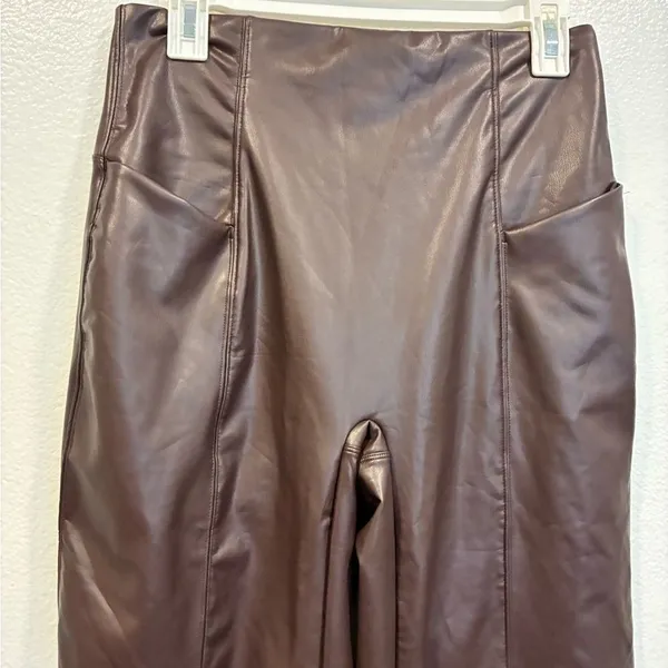 HALARA Women's Wide Leg Brown faux Leather Pants - Image 2