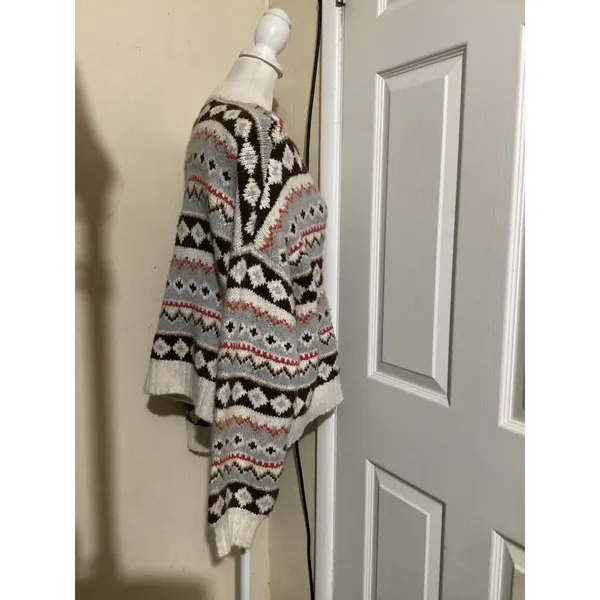 American Eagle Fair Isle Oversized Cardigan Sweater Brown Cream Grey Womens M - Image 2
