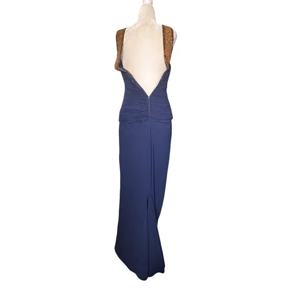 Vintage Navy Blue Beaded Evening Gown Art Deco Formal Maxi Dress Wedding Guest - Image 8