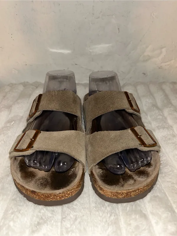 Birkenstock Taupe Suede Two-Strap Sandals with Gold Buckles - Image 2