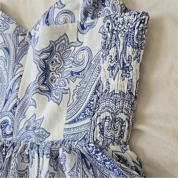 Zara White & Blue Linen Blend Paisley Patterned Fit & Flare Summer Dress Size XS - Image 6