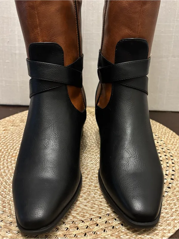 Just Fab Black and Tan Winnie Block Heel Boots | Women | Size 6.5 NWOB - Image 8