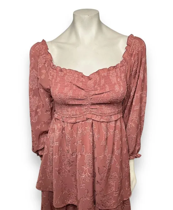 Pink Lily | Textured Floral Long Sleeve Cinched Bust Smocked Mini Tiered Dress L - Image 8