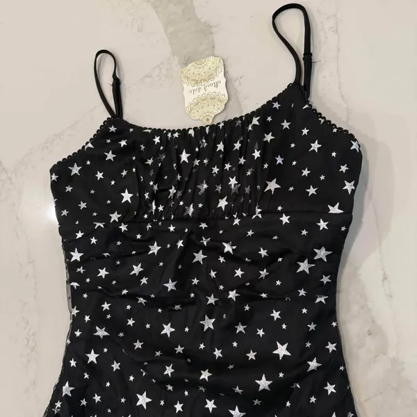 Altar’d State NWT Star Print Mini Dress Women’s Medium Black/Silver Ruched Sides - Image 3