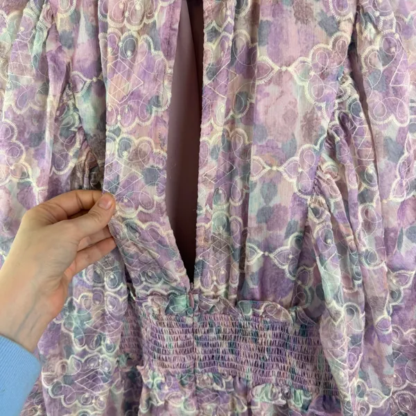 Elliatt Resorts Mini Dress Medium Lilac Multi Floral Embroidered Smocked Cottage - Image 4