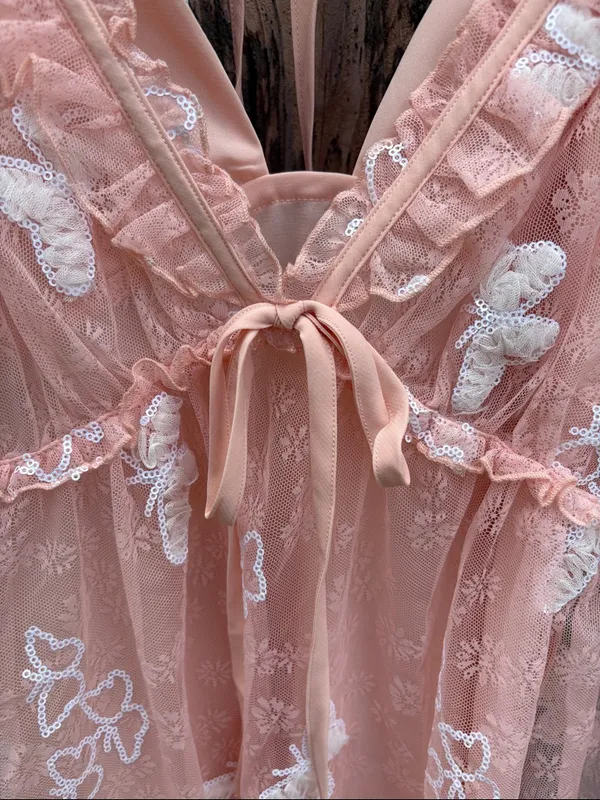 NWT For Love & Lemons Shari Sequined Butterfly Lace Puff Slv. Dress Size Small - Image 9