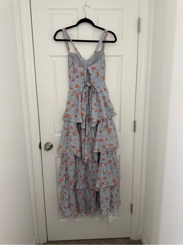 Abercrombie and Fitch Tiered Maxi Dress Lace Up Blue Floral Medium TALL - Image 6