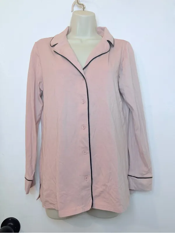 Soma Pink Knit Pajama Top Small Long Sleeve Button Up Black Piping - Image 4