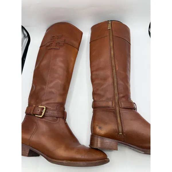 Tory Burch Riding‎ Boots Women's 6.5 Cognac Leather Tall Equestrian Logo Boots - Image 10