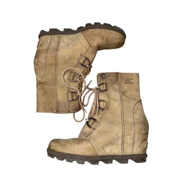 Sorel Joan of Arctic Wedge Boots Women 79 Tan Leather Good Lace Up NL1988-245 - Image 7