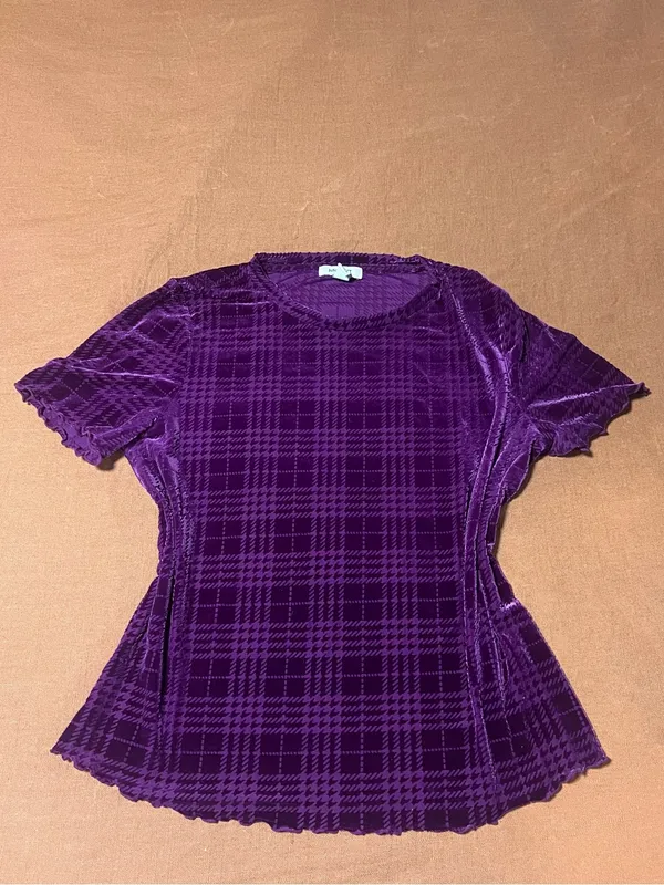 Nine West Purple Plaid Velvet Baby Tee SZ S Y2K Whimsigoth Romantic Goth - Image 3