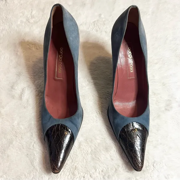 Sergio Rossi Pointed Toe Heals Blue Suede & Embossed Brown Leather Size 37 US 7 - Image 3
