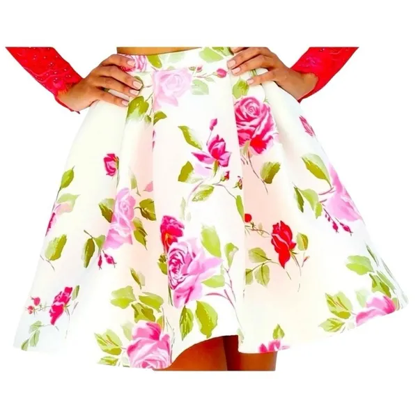 Sherri Hill 50563 Pink Rose Floral Fit Flare Skirt White Designer Size 0 Bridal - Image 4