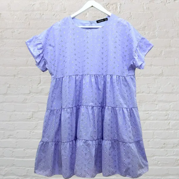 Boohoo Lavender Broderie Anglaise Eyelet Tiered Babydoll Dress 12 - Image 2