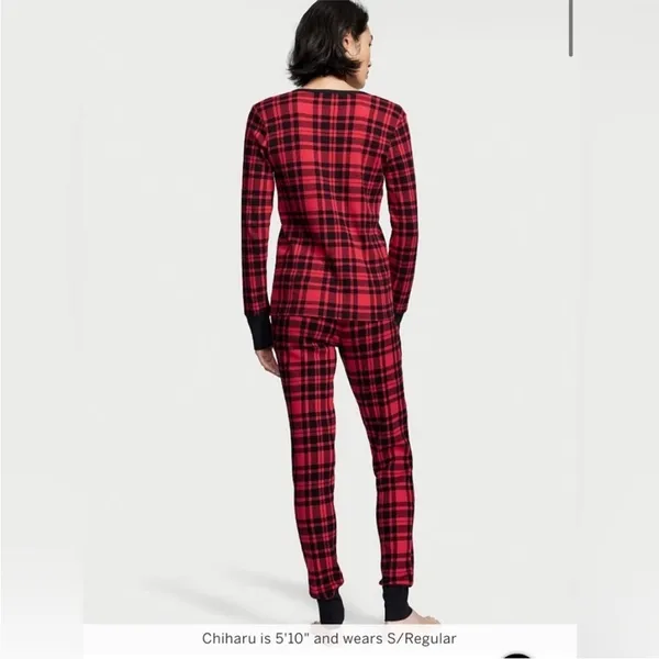 VICTORIA'S SECRET Thermal Long Pajama Set Red Black Plaid small - Image 3