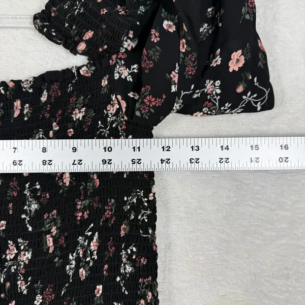 Reformation Black Floral Smocked Crop Top Square Neck Long Sleeve Small - Image 3