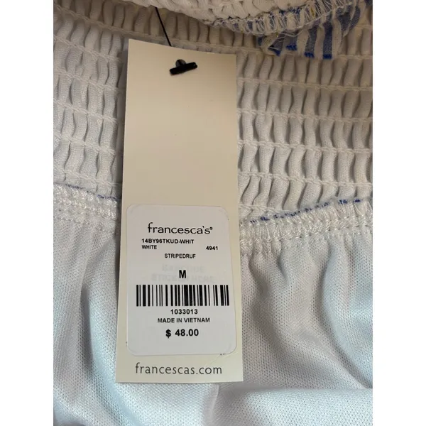 Francescas Blue Rain Striped Smocked Tiered Ruffle‎ Mini Skirt Blue White Gold M - Image 4