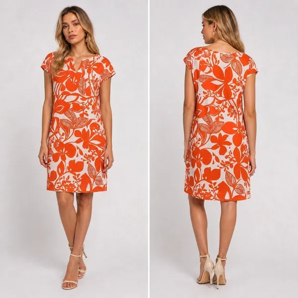 Boden Notch Neck Shift Dress 100% Linen Orange/White Tropical Floral Print‎ - Image 2