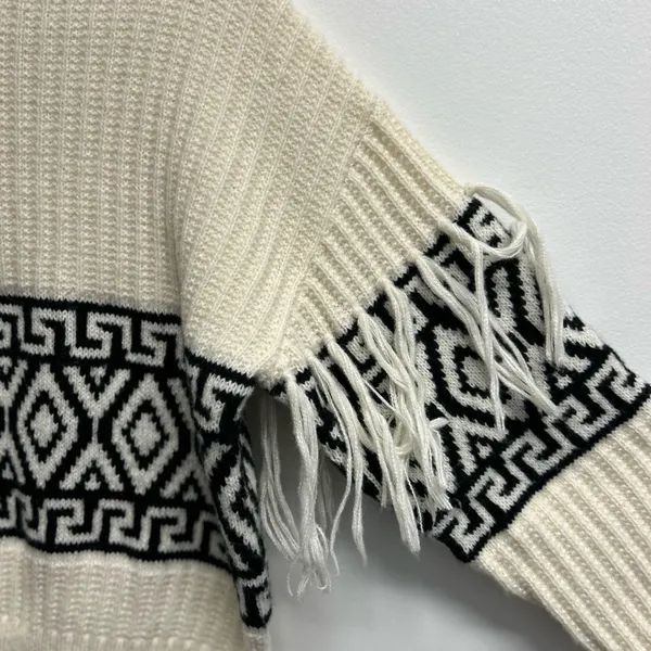 Cream and Black Geometric Pattern Fringed Sweater Size M - Image 3
