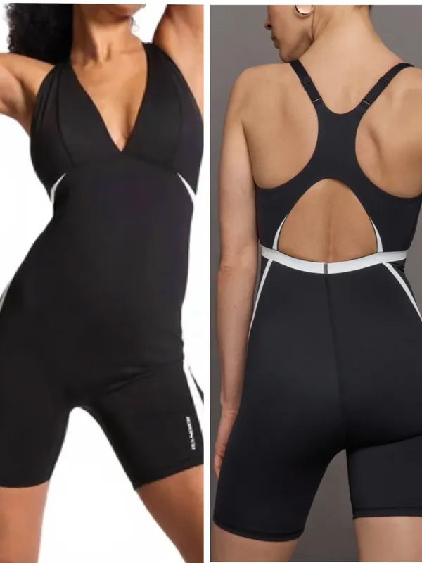 Bandier V-Neck Plunge Contrast Short Catsuit, black and white, stretchy, size M - Image 3