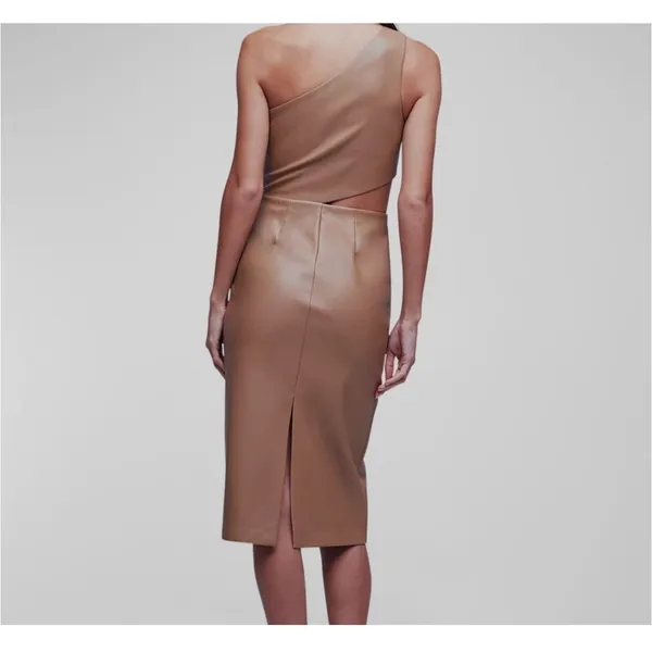 NWT L'Agence Tan Brown Aliyah Cutout One-Shoulder Faux Leather Dress Size 18 - Image 15